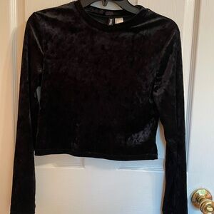 Black velvet long sleeved cropped top